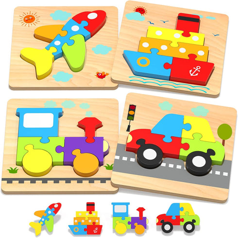 Wooden Vehicle Toddler Puzzles for 1 2 3 Years Old - Baby STEM Educational Toy Gift with 4 Vehicles Montessori