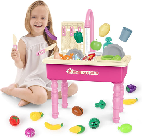Food,44 Set 3 4 5 deAO Kitchen Toy Sink Toys with Cutting Food,Electric Dishwasher Playing Toy with Running Water, Role