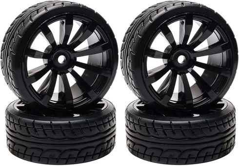1/10 RC Drift Wheels, 12mm Plastic RC Drift Tires & Black 10 Spokes Wheel Rims, Pack of 4