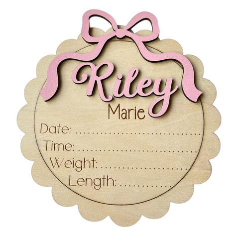 Personalized Baby Girl Birth Announcement Stat Sign with Bow Custom Round Wooden
