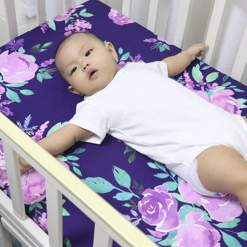 Girl Crib Sheet, Purple Flower Nursery Bed, Flower Sheets for Baby Toddler Mattress, Stretchy and Soft Premium Crib