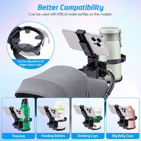WixGear Stroller Cup Holder with Phone Stand Holder, 2-in-1 Universal Cup Phone Holder for Stroller, Wheelchair, Walker, with new Phone Stand - (New 2024 Version)