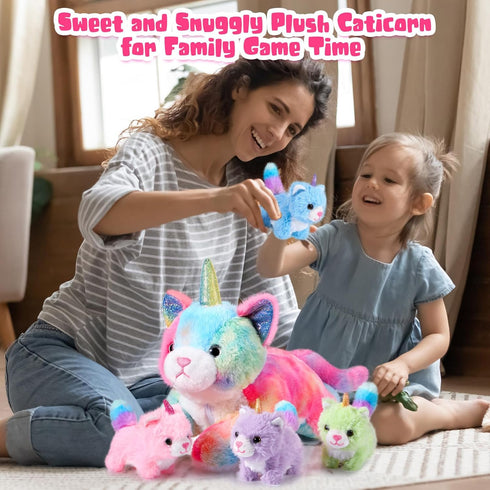 5 Set 16 Inch Mommy 4 Set Pieces Caticorn Plush Toy Cat Unicorn Stuffed Animal with Cute Plush Baby Kittens Pastel