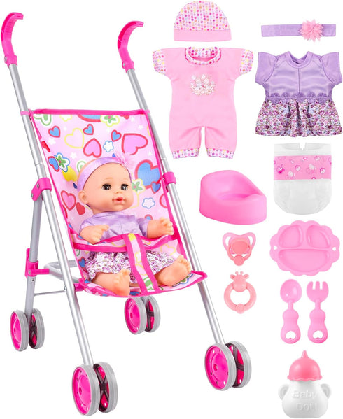 GAGAKU Baby Doll Stroller Playset with 12-inch Doll & Accessories, Foldable Lightweight