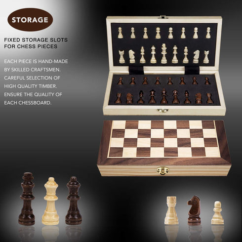 AMEROUS 12" x 12" Magnetic Wooden Chess Set - Kids Age 6+, 2 Bonus Extra Queens, Folding Board with Storage Slots