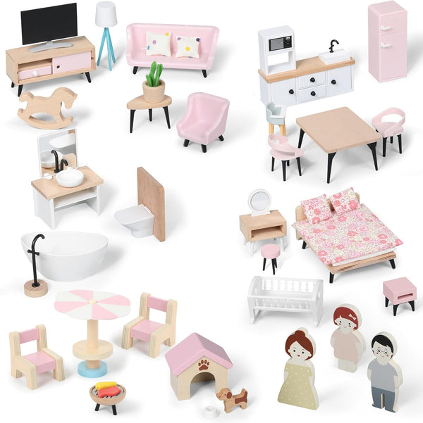Pithfor Wooden Dollhouse Furniture Set, Dollhouse Accessories and Furniture, with 7 Rooms