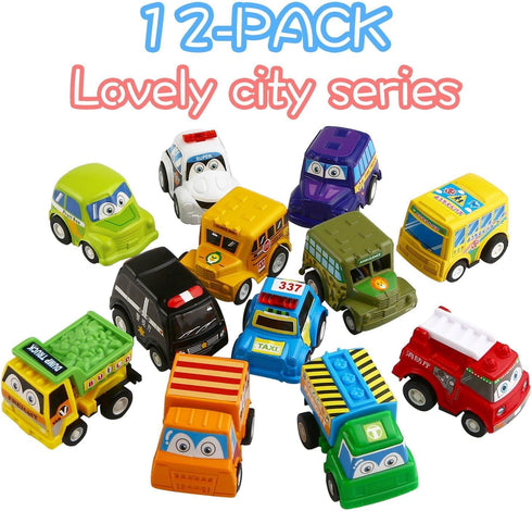12 Pack Set, Set Funcorn Toys Pull Back Car, Assorted Mini Plastic Vehicle Pull Back Truck and Car Toys for Boys Kids