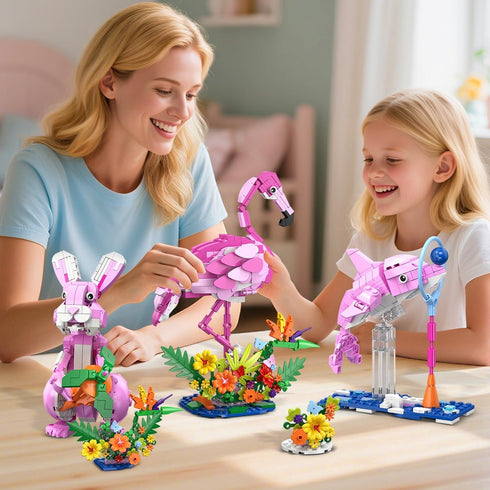 3 1 Set 3 558PCS 6+ HOGOKIDS Easter Bunny in Pink Building with Flowers, Animal Figure with Building Options