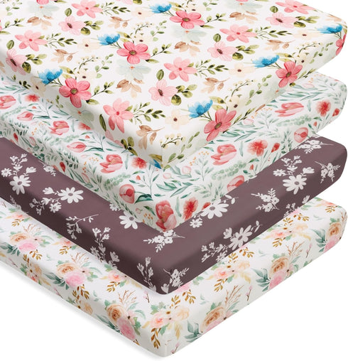 FIGEPO 4 Pack Baby Girl Pack N Play Mini Crib Sheets Set Soft