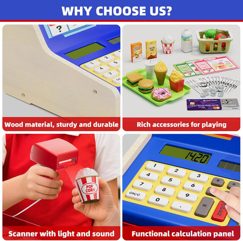 3-5, HYES Rechargeable Wooden Cash Register for Kids, Toy Cash Register with Play Money, Toy Food, Pretend Play