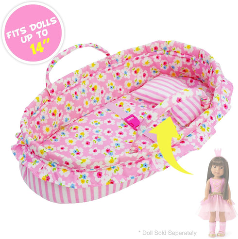 June Garden Cozy Dream Doll Bassinet - Portable Carrier for Baby Dolls up to 14", Soft Pillow & Safety Buckle