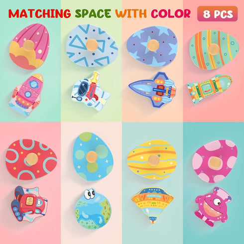 8 Zeoddler Wooden Puzzles for Toddlers, Pcs Space Matching Egg Puzzle, Solar System for Kids, Montessori Toys for Boy