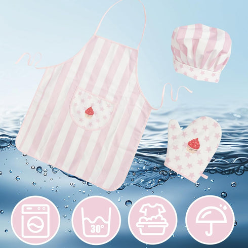 Kid Apron and Chef Hat Set, 3 Pcs Cooking Baking Kits for Girls Boys, Role Play Chef Toy Gift (Pink)