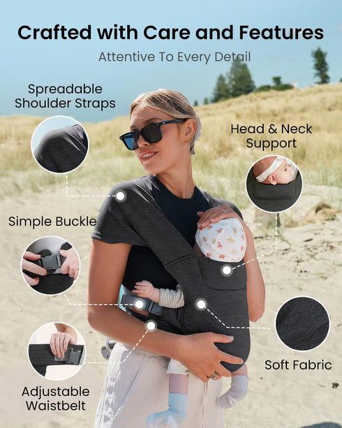 Cozy Newborn Carrier, Baby Carrier, Ergonomic Cross-Back Wrap, Hands-Free with Supportive Comfort, Deep Grey