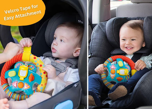 KiddoLab Steering Wheel Toy with Music, Lights, Sounds & Flip Up Mirror for Crib & Stroller