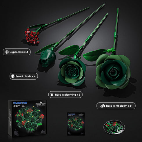Set 16 523PCS PLAXSOON Flowers Bouquet Building with Lights, Mother's Day Green Roses Botanical Collection Building