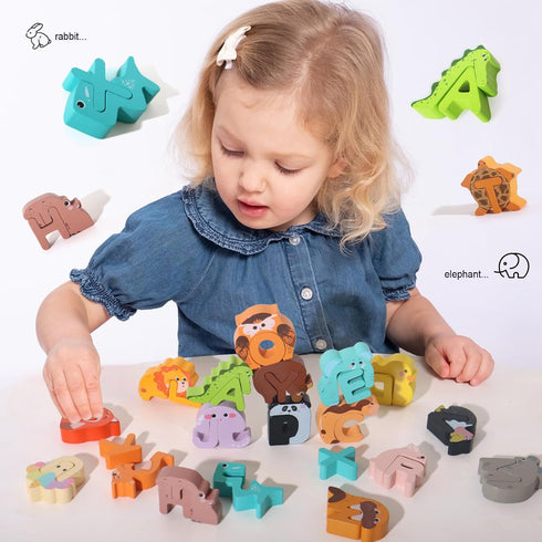 BESTAMTOY 52 3-5, Pieces Matching Game, Wooden Alphabet Animal Puzzles for Toddlers, ABC Peg Puzzles for Kids Ages