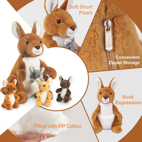 5 16 Inch Mommy 4 PCS Kangaroo Stuffed Animal, Stuffed Kangaroo Plush Toy with Babies Insides, Kangaroos with Joey