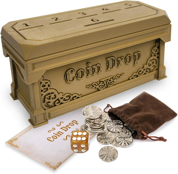 Coin Drop Game - Classic Board Game with 30 Metal Coins, 1 Dice, and 1 Specification