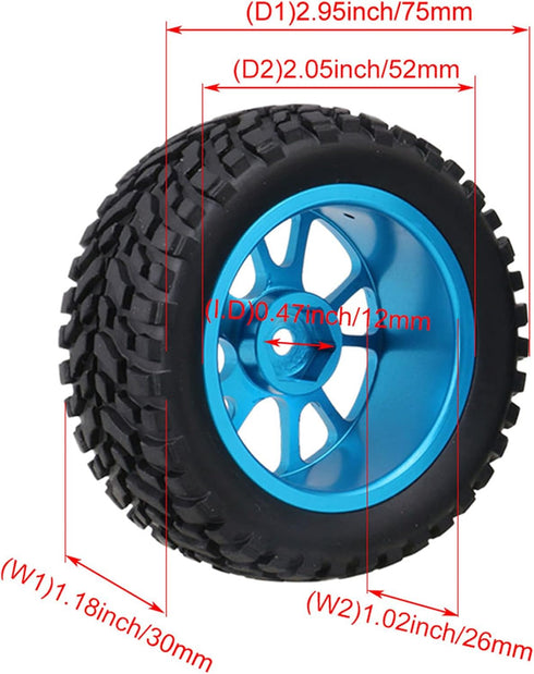 Mxfans Black 75mm Dia Beard Pattern Rubber Tyre & Blue Aluminum Alloy 10-Spoke Wheel Rims, Pack of 4