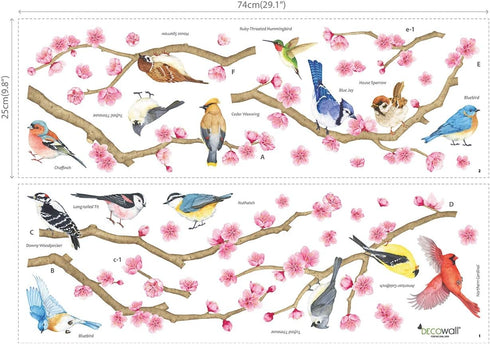 DECOWALL DWL-2009 Garden Birds and Cherry Blossom Wall Stickers, Peel and Stick Removable Decals for Kids Nursery &