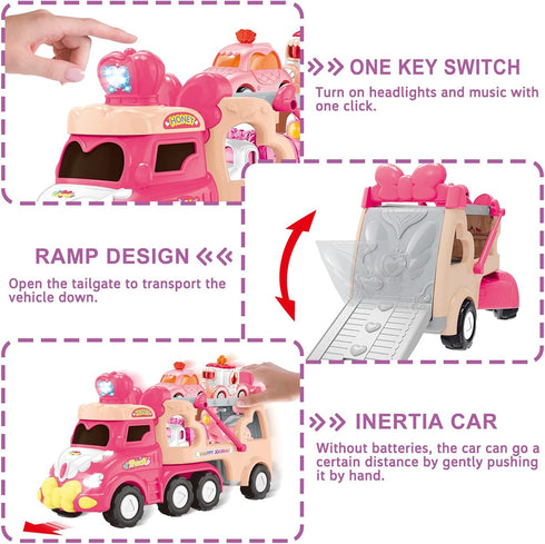 seveclotree 9 1 1-4 in Carrier Truck Cars Toys - Pink Princess Girl Car with Light and Sound - Toddler Toys Age