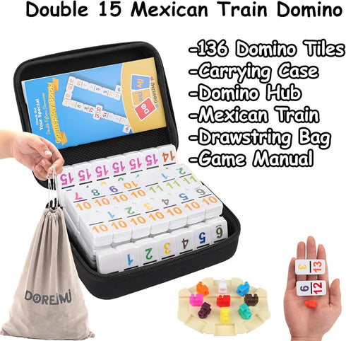 15 Set, 136 Doreimi Mexican Train Dominoes Double Colored Number Tiles with Lightweight EVA Case, Family and Adult