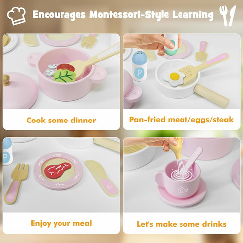 Set, 30PCS Set 3-8 SimpliPlay Wooden Toy Plates and Dishes for Kitchen Montessori Play Kitchen Accessories for Toddlers