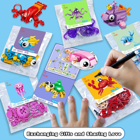BAOXUE 24 Packs Set, Valentines Day Cards for Kids School, Animal Building Block Valentines Day Gifts for Kids