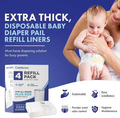 4 Pack COMFICOVE Refills Compatible with DEKOR PLUS Diaper Pails | | Extra Thick Diaper Pail Refill Liners | Fresh