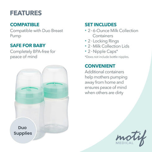 (Set 2, 160 ml) Motif Medical Breast Milk Storage Bottles for Duo Breast Pump - Durable Plastic Breastfeeding