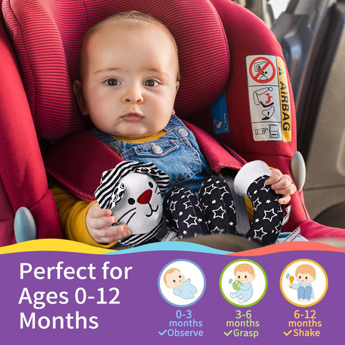 0-6 0+ 6-12 LiKee Spiral Car Seat Toys for Babies Months, Black High Contrast Plush Hanging Baby Stroller Toys, Crib