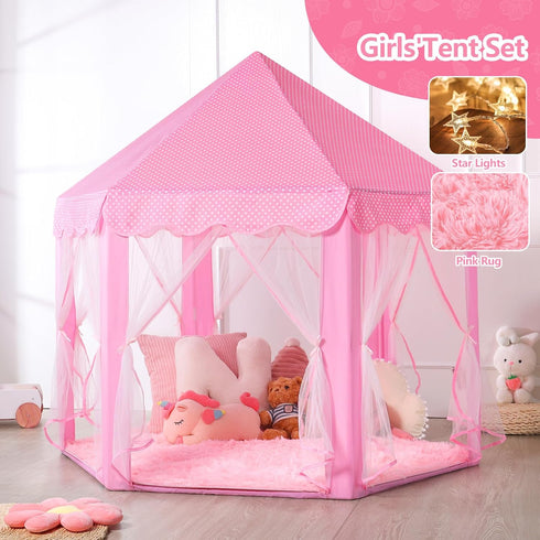 Princess Tent for Girls Indoor with Rug and Star Lights, Pink Play Tent for Kids, Castle Playhouse