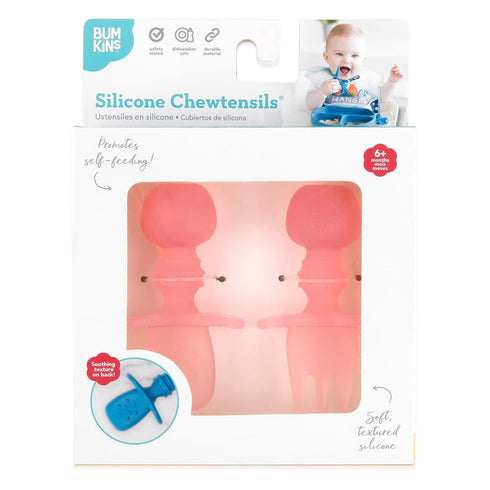 Bumkins Baby Utensils Set, Soft Practice Fork and Spoon, Chewtensils Silicone Spoons for Self-Feeding, Pink Jelly, 6