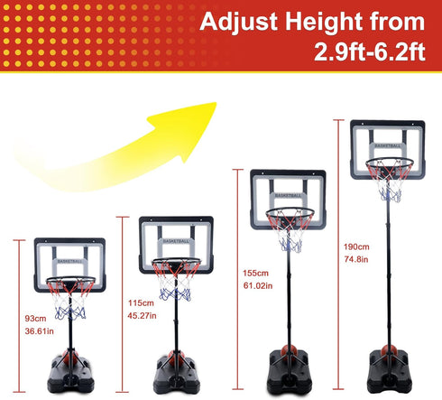 Adjustable Kids Basketball Hoop, Indoor Outdoor Play, Height 2.9 ft-6.2 ft, Goal for Boys & Girls Age 3-8