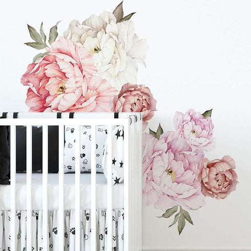 Watercolor Peony Flowers Wall Decals, Floral Wall Stickers for Living Room, White & Pink Flowers Art