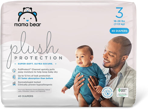 Amazon Brand - Mama Bear Plush Protection Disposable Baby Diapers, Hypoallergenic, Fragrance-Free,