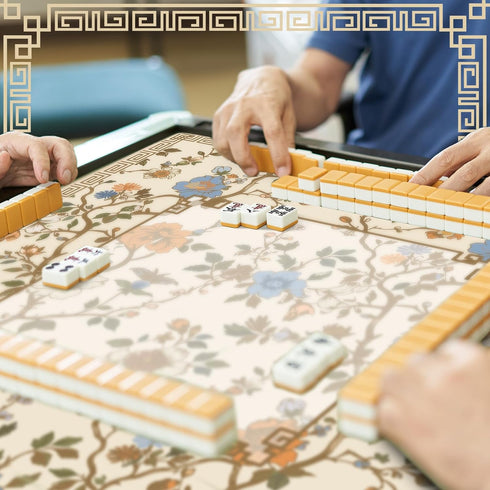 Sonwyoung 22 Inch Set Mini Chinoiserie Mahjong Mat for Travel Beige and White Floral Mahjong Mat Cute Small Domino