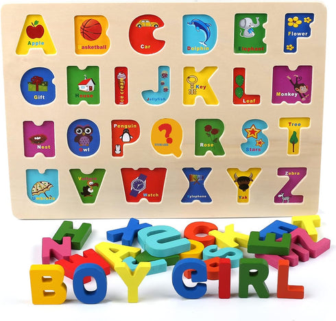 Kesletney Wooden Puzzles for Toddlers, Alphabet Number Shape Learning Toys for Kids, 3 in 1 Montessori