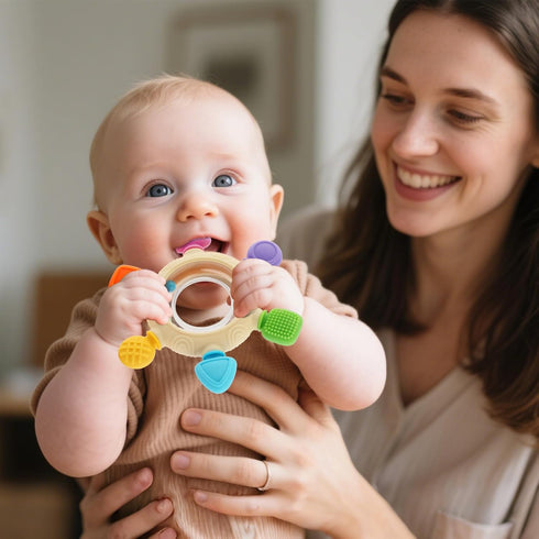 0-6 6-12 0-24Months Baby Teething Rings Toys for Months Baby Rattle Teether Sensory Toys for Babies Silicone Teether