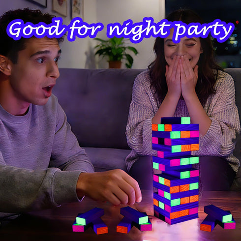 Ahuimeius 54 Piece Glow Tumble Tower Board Games, Glow in The Blacklight Tumble Tower, Indoor/Outdoor Board Game