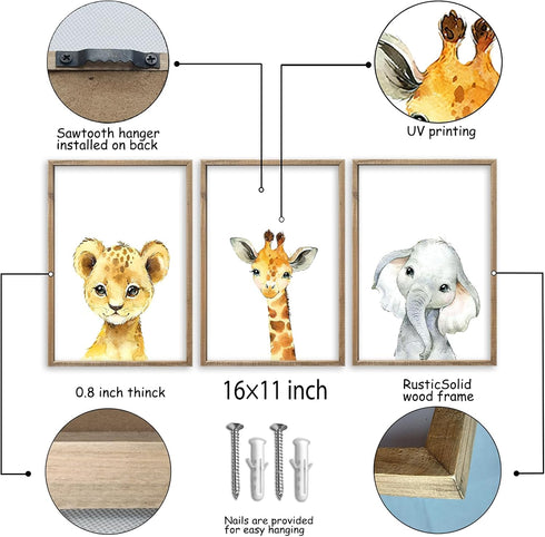 flowtorely 11x16 Inch Set 3 Baby Safari Nursery Wall Art Decor of Wood Framed Cute Animal Giraffe Elephant Lion Prints