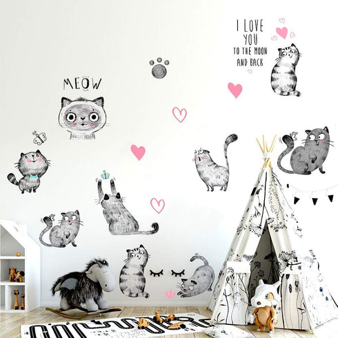Cartoon Cats Wall Decals - MAIYU 9 Cute Kittens with Butterfly Heart Paw Print Stickers for Kids Room