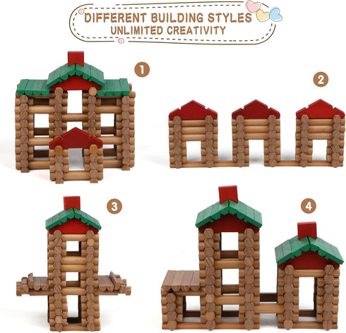 Wondertoys 208 Pcs Classic Wooden Log Set, Real Wood Building Logs for Ages 3+, Retro Gift Set for Boys