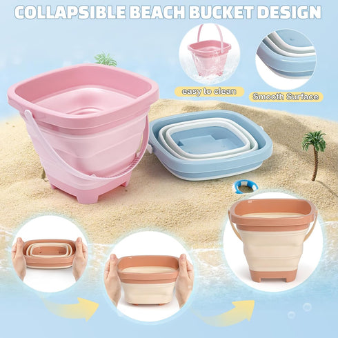 Set 3-10, 3 Pack Set Dreamon Beach Toys for Kids Collapsible Sand Buckets with Beach Molds and Mesh Bag, Shovels Sand