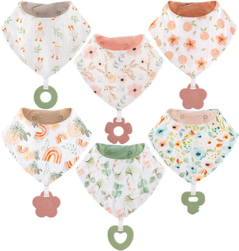 Baby Bandana Drool Bibs 6-Pack and Teething Toys 6-Pack - Made with 100% Organic Cotton, Absorbent and Soft