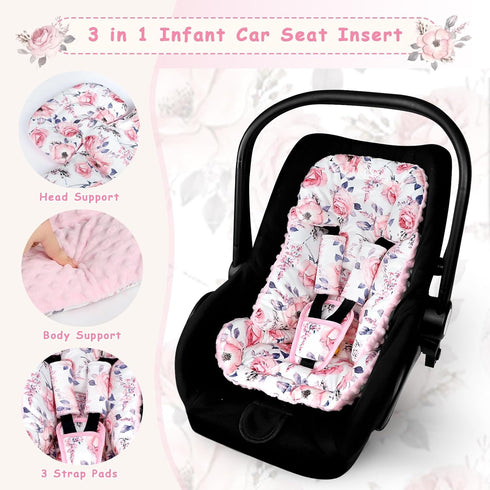 3 Set, 3 1 SWESEN Infant Car Seat Insert with Strap Covers Car Seat Head Support Baby for Girls, Soft in Baby Car Seat