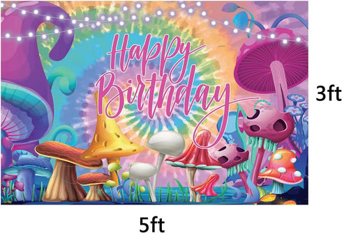 Mushroom Happy Birthday Party Decorations - Includes Backdrop, Banner, Cake Topper, Cupcake Toppers, Balloons