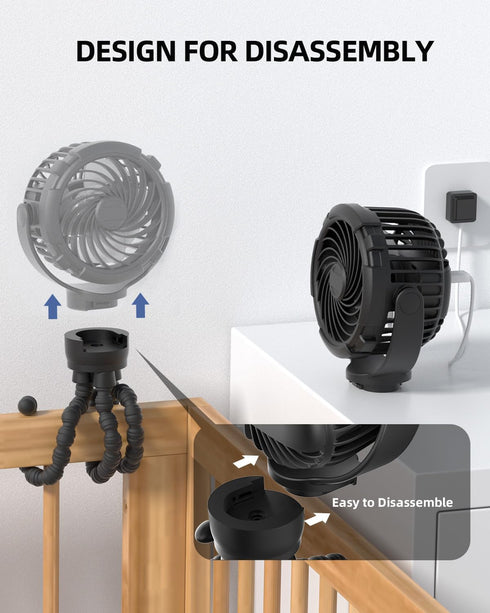 TUNISE 4000mAh, 360 3-Speed, Stroller Fan, Rechargeable with TYPE-C Port, Rotatable, Flexible Tripod, Clip Anywhere