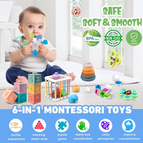 6 1 6 12 Plunack in Baby Toys to Months, Montessori Toy Infant Teething Babies Toy Stacking Blocks Rings Pull String